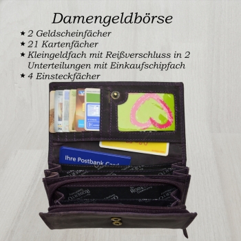 Großes Hübsches Portemonnaie Damen Wild Leder Geldbeutel mit 21 Kartenfächern mit RFID Schutz Lila